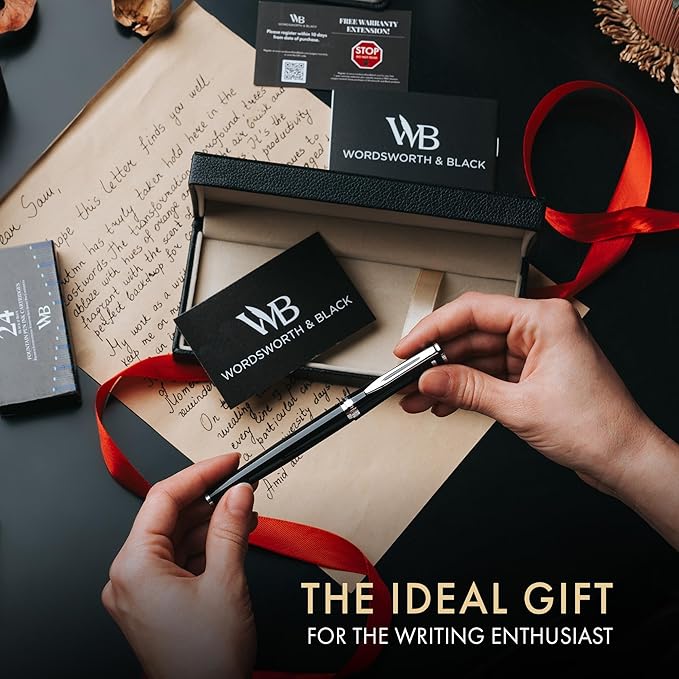 Wordsworth & Black Fountain Pen Set, Medium Nib, Includes 24 Ink Cartridges and Ink Refill Converter, Gift Case, Journaling, Calligraphy, Smooth Writing Pens [Black Chrome], Perfect for Men and Women