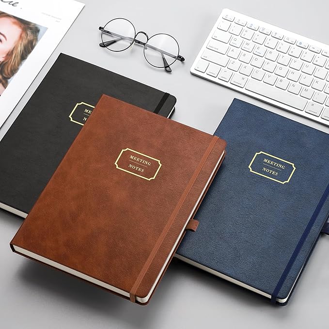 EMSHOI Meeting Notebook for Work with Action Items - 320 Pages B5 Thick Project Planner Agenda Organizer Work Notebook for Women Men Office Business Notes, PU Leather Hardcover, 7.5" x 10", Blue