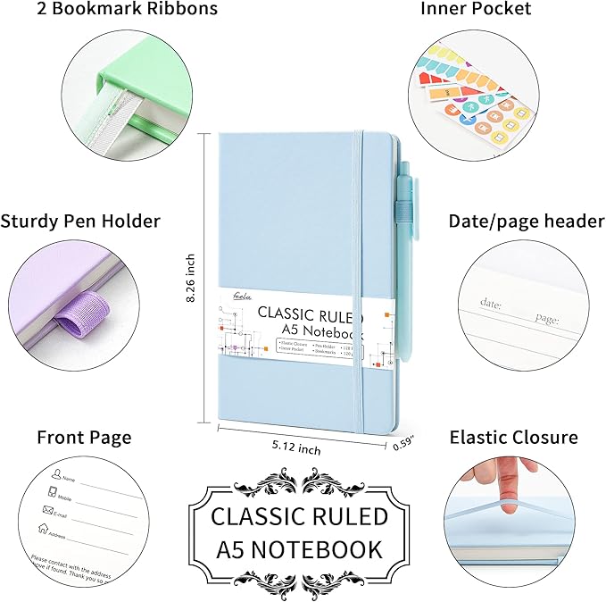 feela 3 Pack Hardcover Notebook For Women, Classic Ruled Lined Journal Set School Business Supplies, with 3 Black Pens, 120 GSM, 5.1”x8.3”, A5, Pastel Colors, Light Blue, Light Purple, Light Green