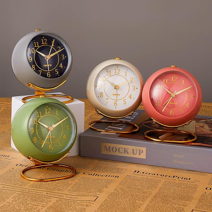 rjuwurv Metal Desk Clock, Retro Bedroom Table Vintage Analog Alarm Clock, Silent Non-Ticking Gold Clock, Bedside Décor(Milk White)