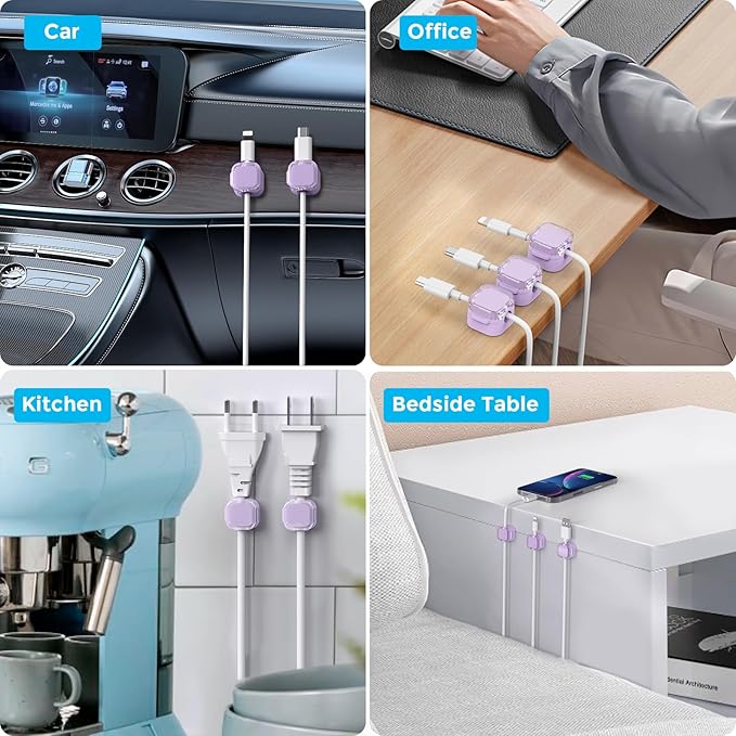 AhaStyle 6 Pack Magnetic Cable Organizer [1s Lock] Cord Holders Clips Strong Adhesive Cord Keeper [Smooth Adjustable] Hide Wire Cord Organizer for Nightstand Kitchen Car Office (Lavender)