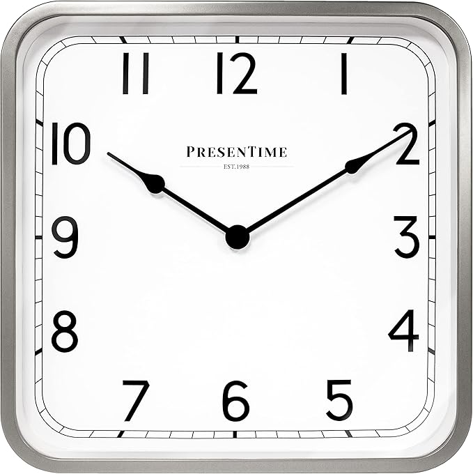 Presentime & Co 16" Anton Vintage Square Clock, Silent No Ticking, Wall & Mantel 2 in 1 Clock, Desk and Shelf Clock, Tabletop Décor, Modern Silver Color
