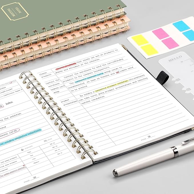 EMSHOI Meeting Notebook for Work - A5 Half Meeting Half Note Planner, 140 Pages, 100GSM Thick Paper, Hardcover, Project Organizer for Women Men Office, Business, Note Taking, 6"x8.3" - Black