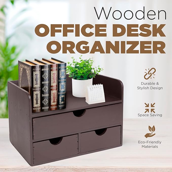 Besti Wooden Office Desk Organizer - Organizing Tool for Desktop, Cubicle, Bedroom, Kitchen - Vintage Style Organization Caddy with Top Tray Shelf & 3 Drawers - 13.6x9x7 Inches (Dark Brown)