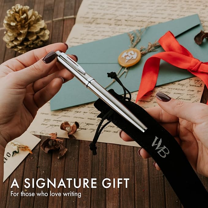 Wordsworth & Black Fountain Pen Set, Extra Fine Nib, Includes 24 Pack Ink Cartridges, Ink Refill Converter & Gift Pouch, Chrome Finish, Calligraphy, [Silver Chrome], Perfect for Men & Women