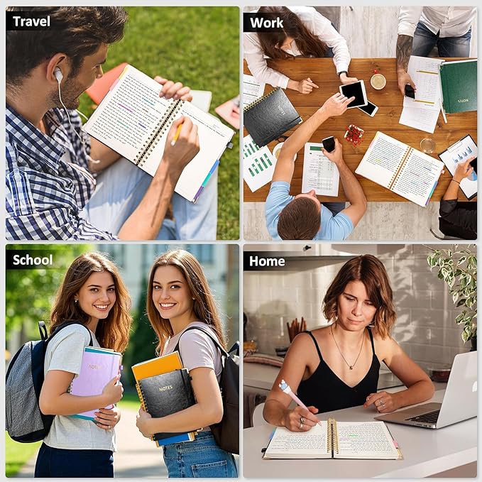 Hardcover Spiral Notebook Journal, 8"x10" Large B5 Notebooks with Removable Dividers Tabs, 300 Pages Leather 5 Subject Notebook College Ruled, Journal for Work School Note, 100 GSM Thick Paper,Black