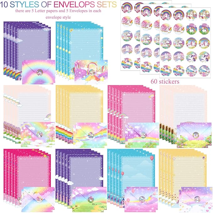 TaoBary 160 Pcs Stationery Paper Set 50 Double Sided Stationery Papers with 50 Matching Envelopes and 60 Round Dot Sticker, 10 Design(Unicorn,5.5 x 8.25 Inch)