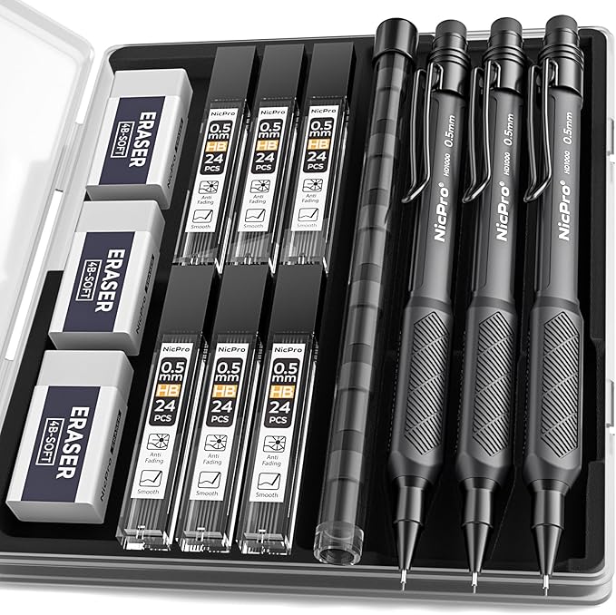 Nicpro HD1000 0.5 mm Art Mechanical Pencil Set in Case, 3 PCS Weatherproof Mechanical Pencils with 6 Tube HB Refills, Eraser, Weatherproof Barrel for Outdoor Writing Marking Drafting Drawing Sketching