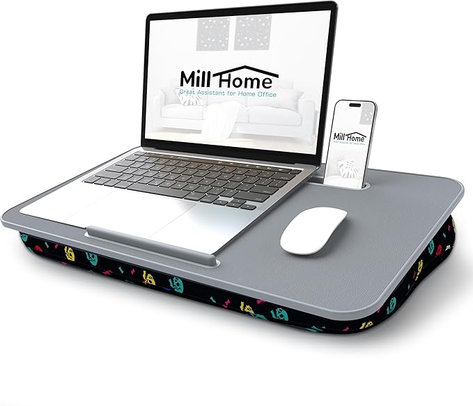 Millhome Lap Desk | Portable Laptop Desk – Fits Up to 17.3" Laptops – Detachable & Washable Cushion, Phone Holder, Device Ledge – for Writing, Working, Reading on Bed, Couch, Sofa, Floor – Black Skull