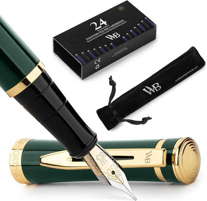 Wordsworth & Black Fountain Pen Set, 18K Gilded Medium Nib, Includes 24 Pack Ink Cartridges, Ink Refill Converter & Gift Pouch, Gold Finish, Calligraphy, [Racing Green], Perfect for Men & Women