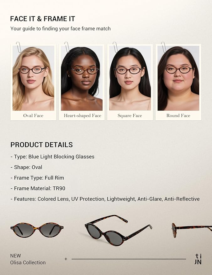 TIJN Olisa Blue Light Blocking Glasses for Women Men,Oval Glasses Frame Bluelight Glasses for Gaming/Computer/Screen