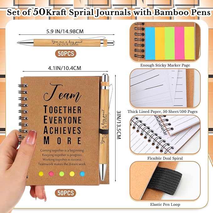 Jetec Inspirational Notebooks Bulk Spiral Notebook with Sticky Notepad Motivational Pens Valentines Day Gifts for for Employee Coworker Nurse Staff Teacher Nurse Volunteer(50 Sets,Team)