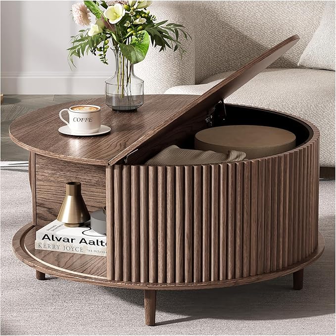 JOINICE,Round Coffee Table with Storage, 31.5" Fluted Center Table for Living Room, Modern Walnut Wood Circle Drum Table with Sliding Cabinet Door, Mid Century Furniture for Small Space
