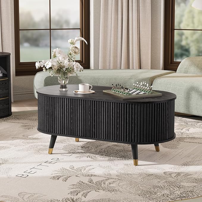JOINICE 42.5" Oval Lift Top Coffee Table with Storage, Mid Century Modern Black Center Table with Fluted Panel, Solid Wood Legs & Hidden Compartment for Living Room