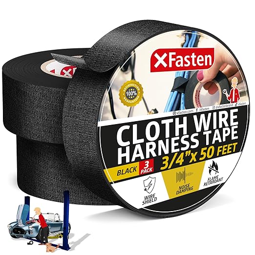 XFasten Wire Harness Tape, 3/4-Inch x 50-Foot (3-Pack), High Temp Wiring Loom Harness, Self-Adhesive Felt Cloth Electrical Tape for Automotive Engines, Noise Dampening, and Cable Protection
