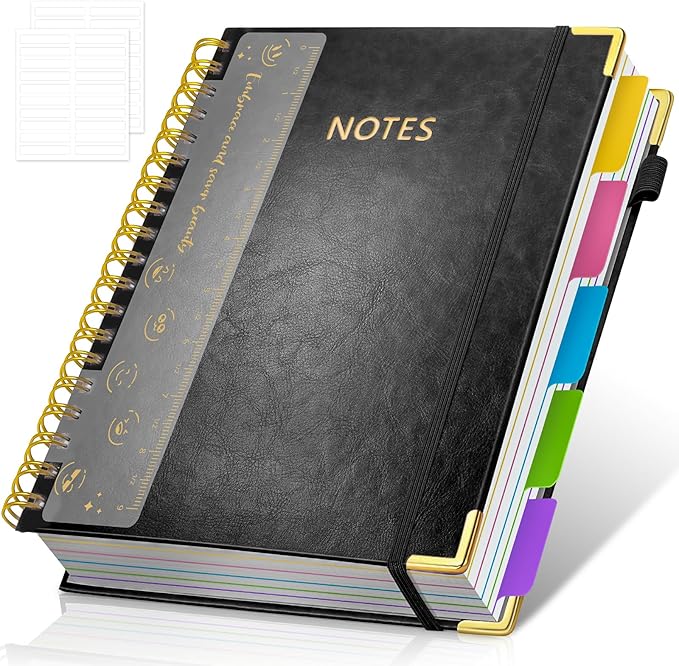 Hardcover Spiral Notebook Journal, 8"x10" Large B5 Notebooks with Removable Dividers Tabs, 300 Pages Leather 5 Subject Notebook College Ruled, Journal for Work School Note, 100 GSM Thick Paper,Black