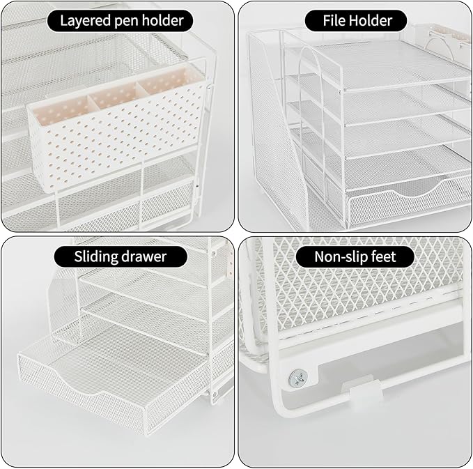 OUTIOE Desk Organizer with Drawer and Pen Holder, 5-Tier Paper Letter Tray Organizer with File Holder, Suitable for Workspace Organizer Office Supplies Storage (White)