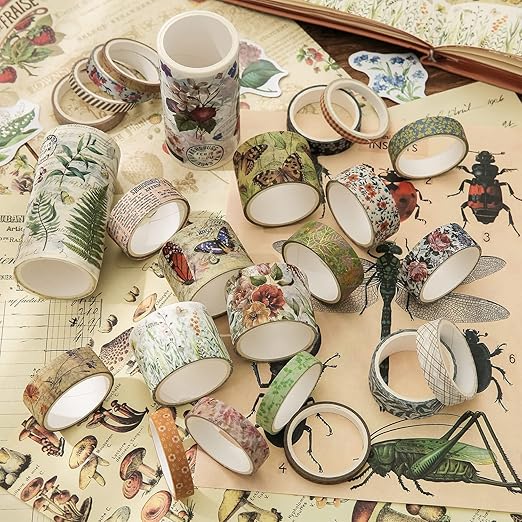 24 Rolls Vintage Washi Tape Set, Floral Letter Butterfly Mushroom Botanical Flower Writable Decorative Tapes for Scrapbooking , Junk Journal supplies, Bullet Journaling 5-75mm Wide 9.84ft long/Roll