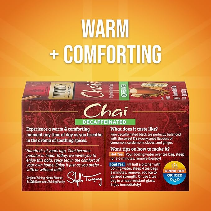 Twinings Decaffeinated Chai Individually Wrapped Bags, 20 Count (Pack of 6), Sweet, Savoury Spices, Enjoy Hot or Iced, 120 Teabags