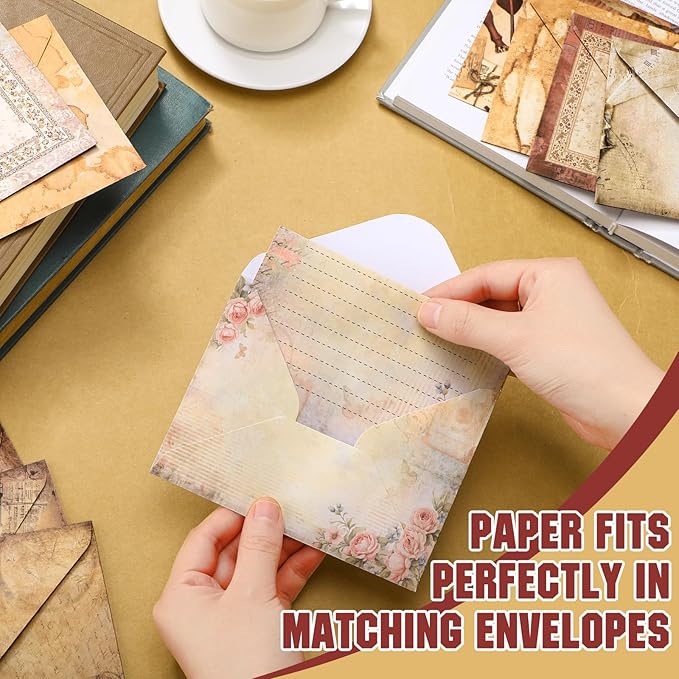 TaoBary 160 Pcs Stationery Paper Set 50 Double Sided Stationery Papers with 50 Matching Envelopes and 60 Round Dot Sticker, 10 Design(Lace Edged Scrapbook,5.5 x 8.25 Inch)