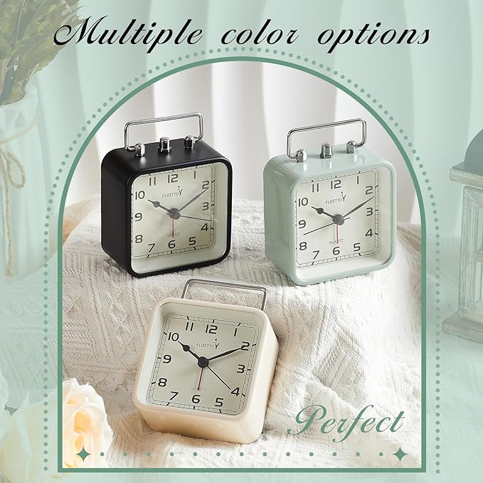 FLOITTUY Square Metal Beep Alarm Clock Silent No Ticking, Snooze and Battery Operated, Night Light and Desk Clock for Bedroom/Travel/Kids, Easy Set(Cream White)