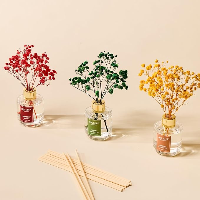 Airkeep Reed Diffuser Set of 3, Coconut Pineapple Lemon Eucalyptus Cranberry Apple Oil Reed Diffusers for Bedroom Living Room Office Aromatherapy Oil Reed Diffuser for Gift 50ml x 3