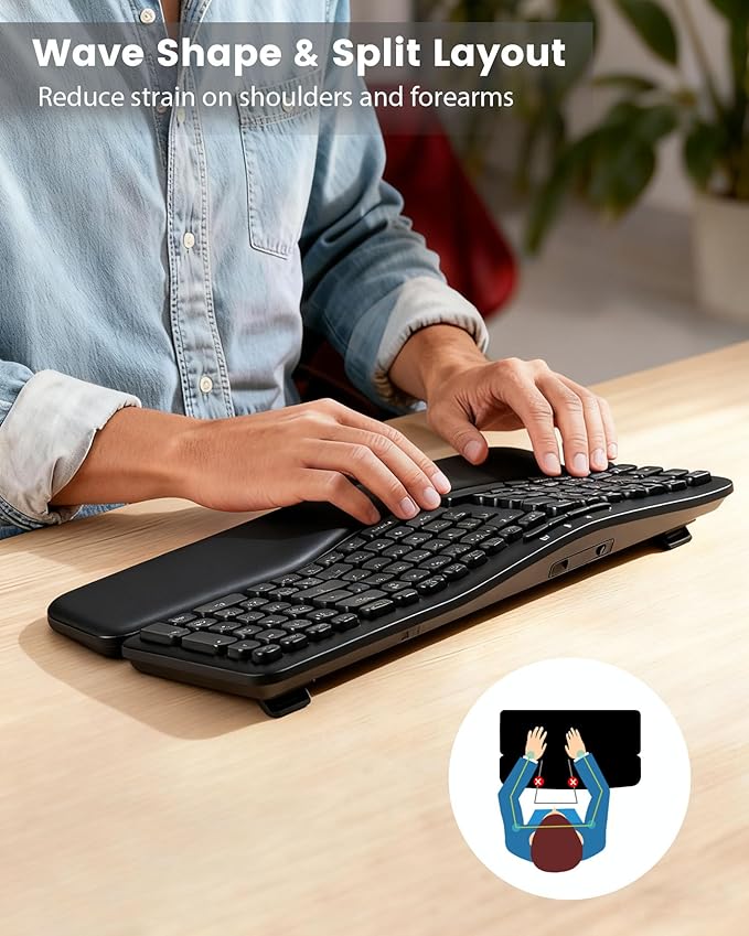 XUANGUI Silent Wireless Computer Keyboard and Mouse Combo with Magnetic Wrist Rest, Ergonomic Cordless Full Size Key Board and 4800 DPI Quiet Mice Set for PC Laptop Tablet, Office and Home Use