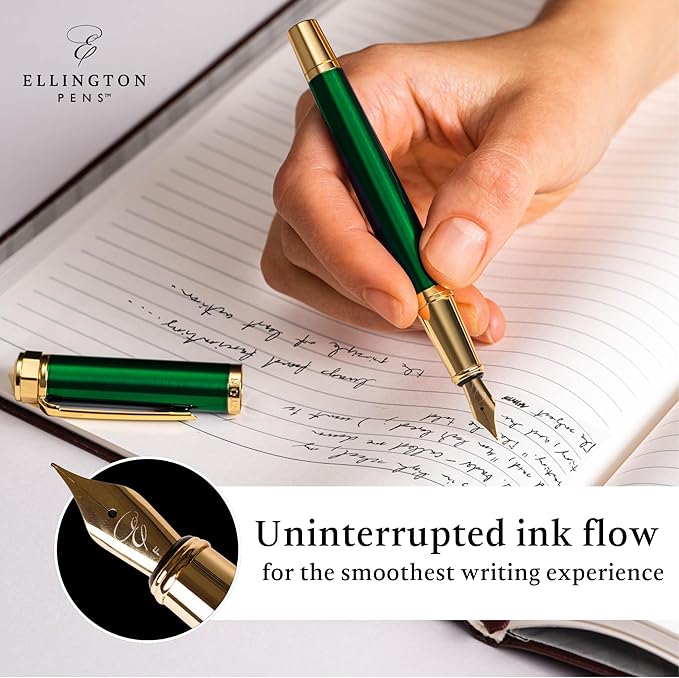 Ellington Pens Luxury Fountain Pen Set - Extra Fine Nib - Includes 3 Ink Cartridges, Refillable Ink Converter, Box - Fountain Pens For Writing, Calligraphy, Journaling, Sketching (Emerald Enigma)