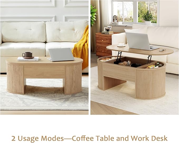 QHITTY Fluted Coffee Table with Lifting Top, Oval Wood Lift Top Coffee Table with Hidden Compartment, Mid Century Pull up Center Tables for Living Room, Office - Natural