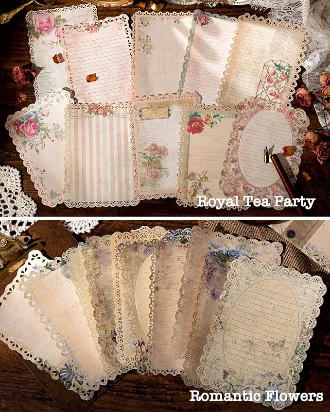 60 Sheets Lace Edged Scrapbook Stationery Paper Assorted Set - 6 Pack Vintage Paper for Letter Writing Scrapbooking Embellishments Planner Bullet Junk Journal Supplies Collage Background 4.9x6.9 Inch