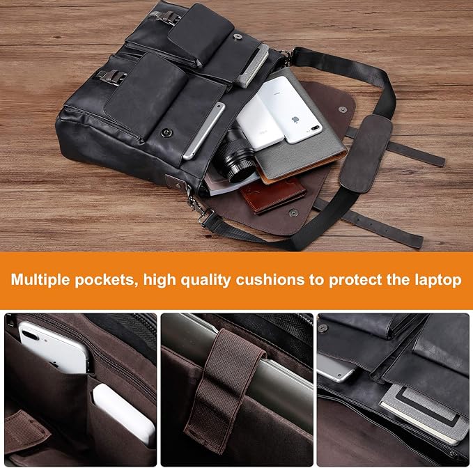 Leather Messenger Bag for Men, 15.6 Inch Vintage Laptop Bag Briefcase Satchel