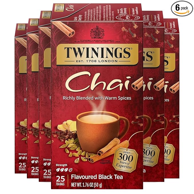 Twinings Chai Black Tea Individually Wrapped Bags, 25 Count (Pack of 6), Sweet, Savoury Spices, Caffeinated, Enjoy Hot or Iced, 150 Teabags