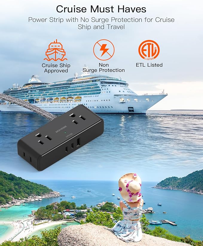 Flat Extension Cord 6 feet, BESHON Flat Plug Power Strip, 4 Widely Outlets with 3 USB Ports (2 USB C), Extension Cord with Multiple Outlets for Home, Office, Dorm Room Essentials, Black