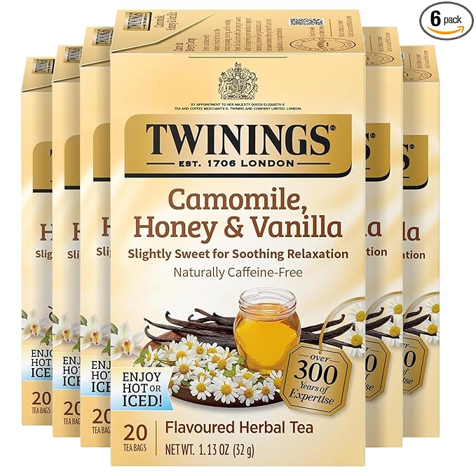 Twinings Camomile, Honey & Vanilla Herbal Tea Individually Wrapped Bags, 20 Count (Pack of 6), Naturally Caffeine-Free, Enjoy Hot or Iced, 120 Teabags