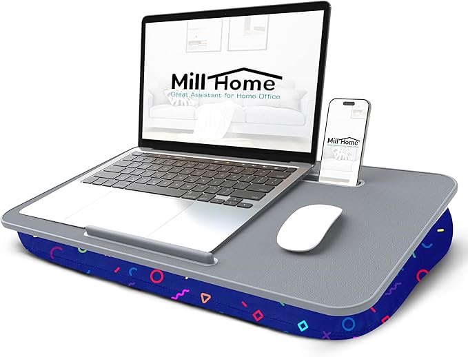 Millhome Lap Desk | Portable Laptop Desk – Fits Up to 17.3" Laptops – Detachable & Washable Cushion, Phone Holder, Device Ledge – for Writing, Working, Reading on Bed, Couch, Sofa, Floor – Geometric