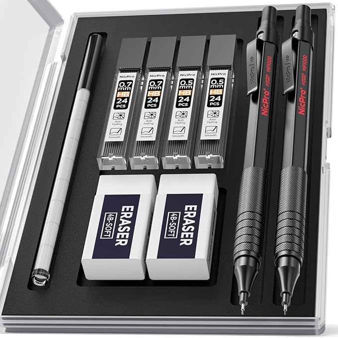 Nicpro 2 PCS Mechanical Pencil 0.5mm & 0.7 mm with Case, MP1000 Metal Artist Pencil Set with 4 Tubes HB Lead Refills, 2 Erasers, 9 Eraser Refills For Art Writing Drafting, Drawing, Sketch, Black