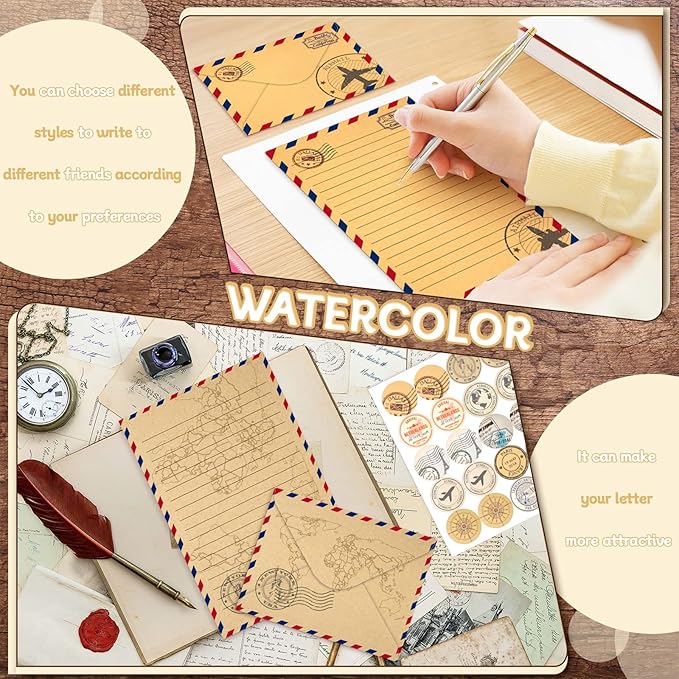 TaoBary 160 Pcs Stationery Paper Set 50 Double Sided Stationery Papers with 50 Matching Envelopes and 60 Round Dot Sticker, 10 Design(Vintage Airmail,5.5 x 8.25 Inch)