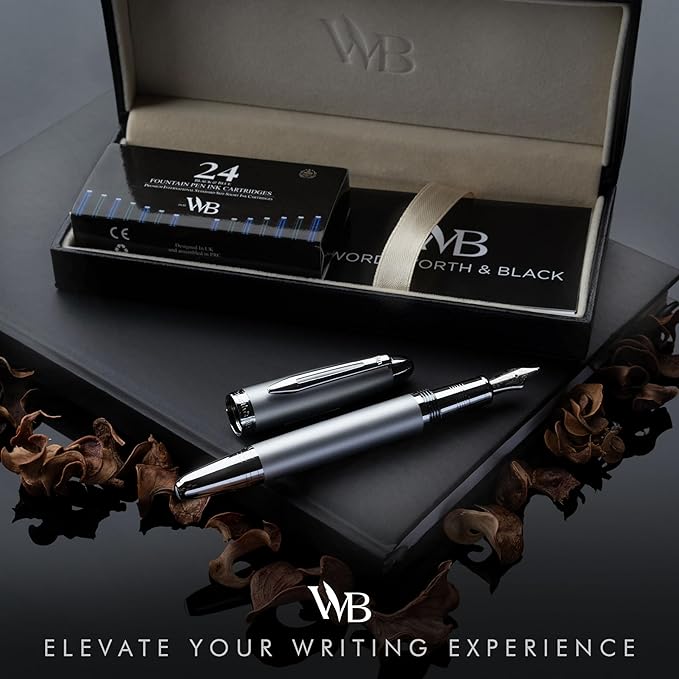 Wordsworth & Black Majesti Fountain Pen-(Silver), Luxury Case, 24K Gold Finish; 18K Gilded Medium Nib- Ink Cartridges, Refillable Ink Converter-Calligraphy Pen-Best Business Gift Set for Men & Women