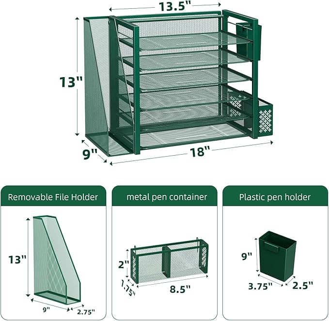 Simple Trending 6 Tier Desk File Organizer, Paper Letter Tray Organizer with File Holder and Pen Container, Green