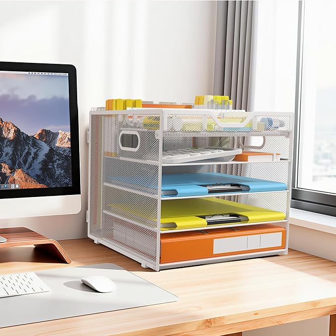 Docnest 5 Tier Letter Tray with Hanging File Organizer-Mesh Desk Organizer-Desktop Storage Box Built in Pen Holder and Handles, File Folder Holder for Mail Documents Office Supplies-White