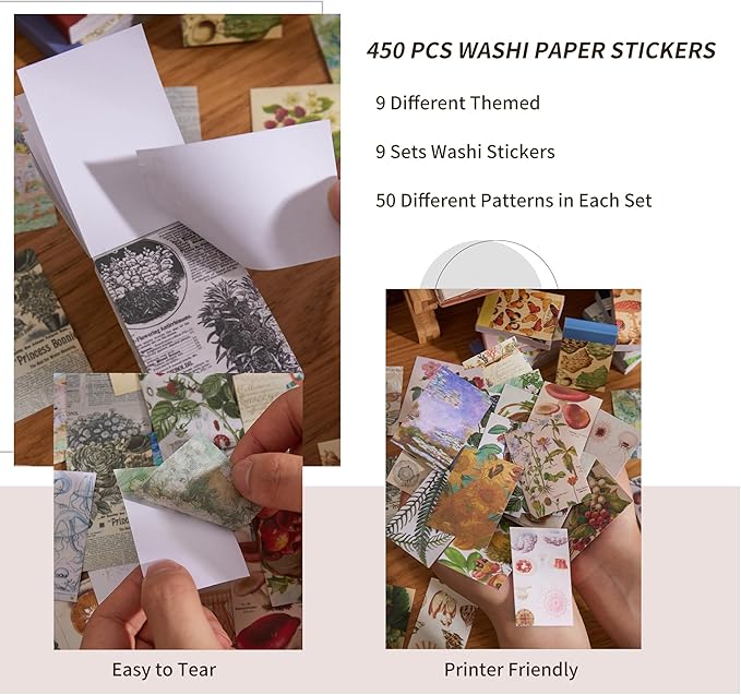 9 Sets 450 Sheets Washi Stickers for Journaling, Plants Fruit Flowers Butterfly Shell Boho Stickers Vintage Aesthetic Scrapbook Sticker for Bullet Journal Art Diary Card Craft Gifts Planner Notebook