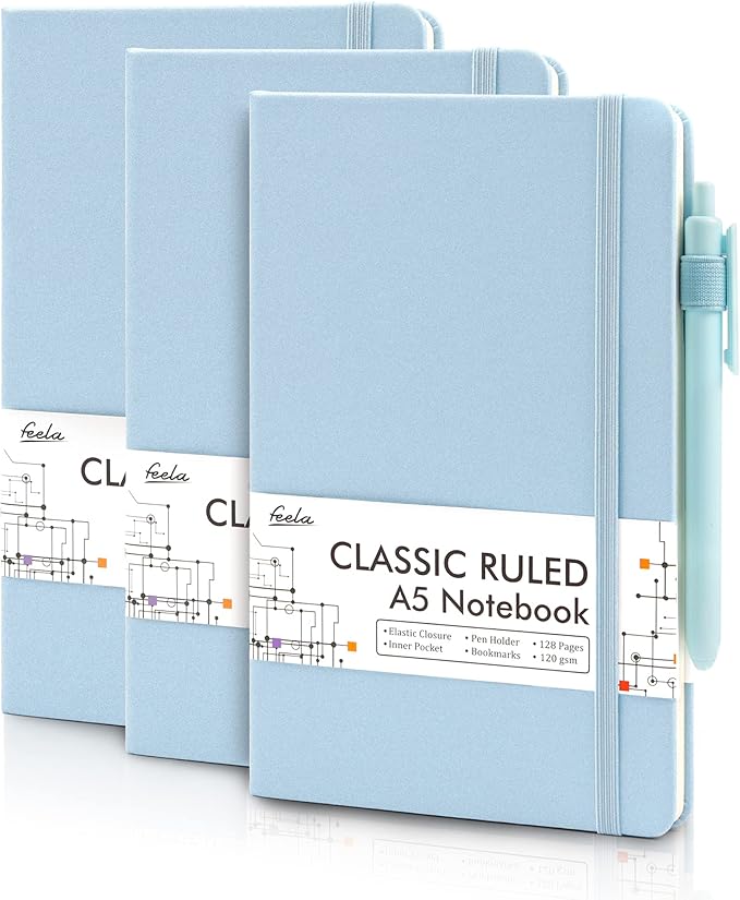 feela 3 Pack Notebooks Journals Bulk, Hardcover Notebook Classic Ruled Lined Journals with Pen Holder for Women Girls School Business Supplies, with 3 Black Pens, 120 GSM, 5.1”x8.3”, A5, Light Blue