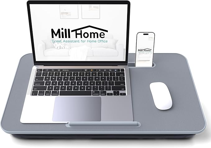 Lap Desk, Lap Desk with Cushion, Fits up to 17 inch Laptop, Pillow Designed, Portable Laptop Stand with Tray, Pad & Phone Holder, Home Office for Bed/Couch/Car/Reading/Writing, MillHome (Gray)
