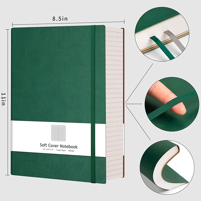 AHGXG Graph Paper Notebook - Grid Paper Notebook Large A4 8.5''×11'', 320 Pages Thick Journal, 100gsm Thick Graph Paper, Leather Softcover, Inner Pocket - Green