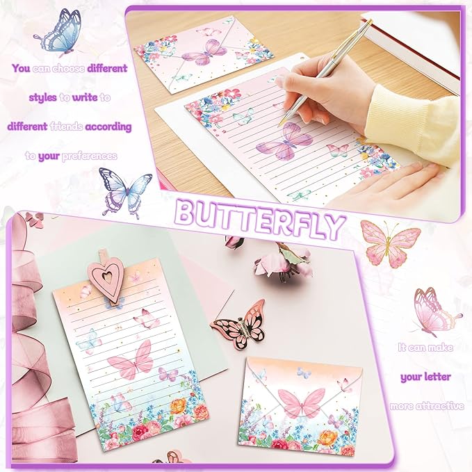 TaoBary 160 Pcs Stationery Paper Set 50 Double Sided Stationery Papers with 50 Matching Envelopes and 60 Round Dot Sticker, 10 Design(Watercolor Butterfly,5.5 x 8.25 Inch)
