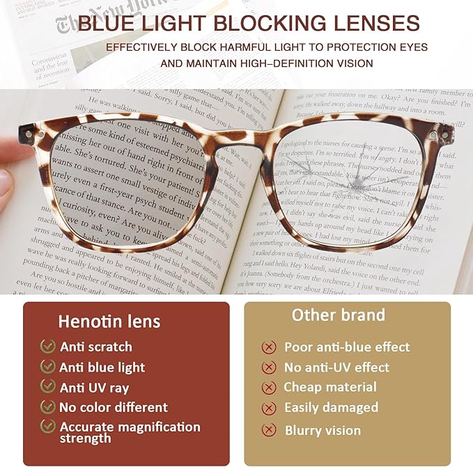 Henotin 3 Pack Blue Light Blocking Reading Glasses,Spring Hinge Computer Readers for Men Women,Anti UV Ray Filter Eyeglasses (3 Pairs, 1.50)