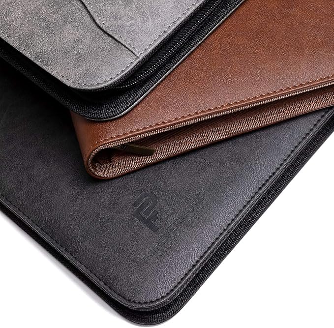 Forevermore Portfolios Padfolio Binder - Professional Faux Leather Travel Organizer Pouch for Tablet, Documents, Presentation Folders, Zipper Closure, Detachable 3-Ring Notepad - Gray