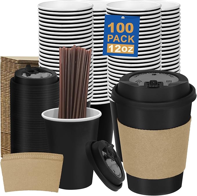Coolcap 12 oz 100 Pack Coffee Cups with Lids and Sleeves, Straws, Hot Disposable To Go Travel Paper Cups Bulk for Office, Home Coffee Bar Accessories, Chocolate, Cocoa, Beverage (Black)