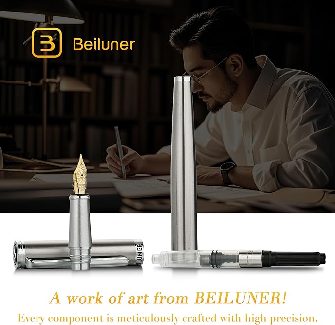 BEILUNER Luxury Fountain Pen Set, Solid 24K Gilded Fine Nib, Silver Stainless Steel Body- Includes 6 Ink Cartridges & Ink Refill Converter with Gift Case - Perfect for Men and Women