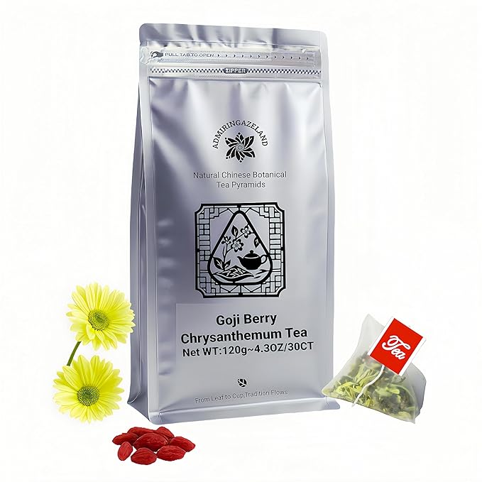 ADMIRINGAZELAND Goji Berry Chrysanthemum Tea Bags, 30 Count - Pyramid Teabags, 6 Ingredients - Dandelion Root, Wolfberry, Cassia Seed, Honeysuckle, Burdock - Chinese Herbal for Office & Home, 5.3 oz